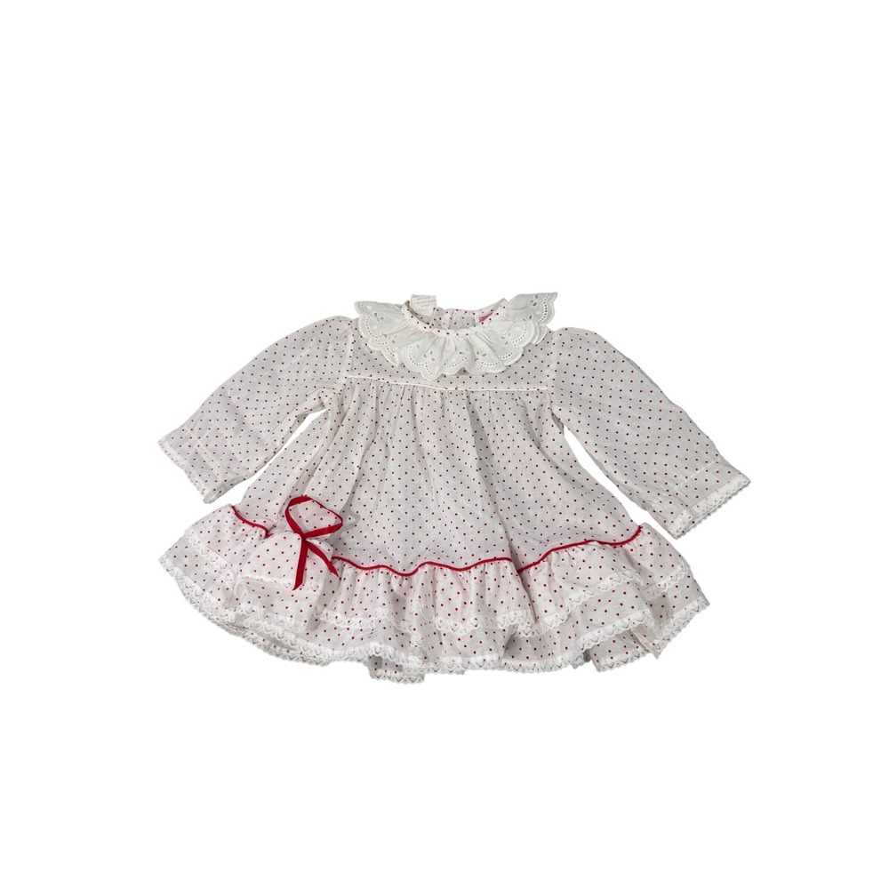 Vintage Two of Hearts Baby Dress 12M Red Polka Dot Eyelet Lace Ruffle Retro